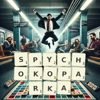 Kreatywna ilustracja do gry w Scrabble ze słowem SPYCHOKOPARKA ułożonym z płytek na planszy.