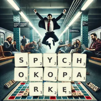 Kreatywna ilustracja do gry w Scrabble ze słowem SPYCHOKOPARKĘ ułożonym z płytek na planszy.