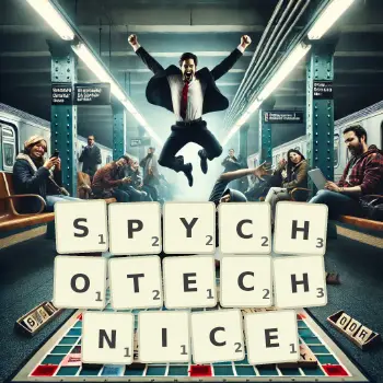 Kreatywna ilustracja do gry w Scrabble ze słowem SPYCHOTECHNICE ułożonym z płytek na planszy.