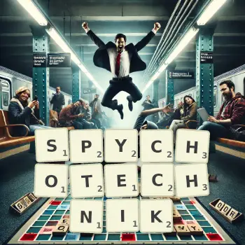 Kreatywna ilustracja do gry w Scrabble ze słowem SPYCHOTECHNIK ułożonym z płytek na planszy.