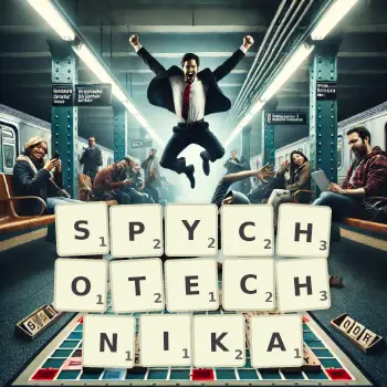 Kreatywna ilustracja do gry w Scrabble ze słowem SPYCHOTECHNIKA ułożonym z płytek na planszy.