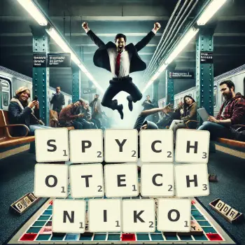 Kreatywna ilustracja do gry w Scrabble ze słowem SPYCHOTECHNIKO ułożonym z płytek na planszy.