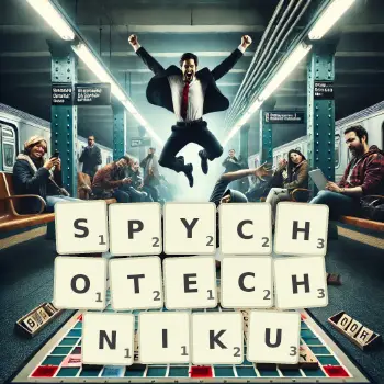 Kreatywna ilustracja do gry w Scrabble ze słowem SPYCHOTECHNIKU ułożonym z płytek na planszy.