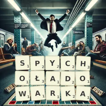 Kreatywna ilustracja do gry w Scrabble ze słowem SPYCHOŁADOWARKA ułożonym z płytek na planszy.