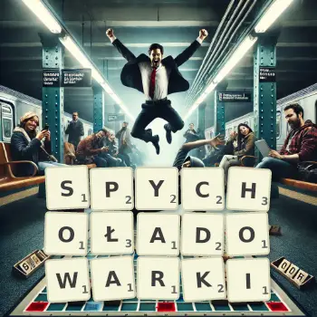 Kreatywna ilustracja do gry w Scrabble ze słowem SPYCHOŁADOWARKI ułożonym z płytek na planszy.