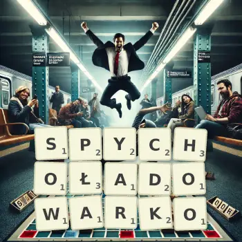 Kreatywna ilustracja do gry w Scrabble ze słowem SPYCHOŁADOWARKO ułożonym z płytek na planszy.