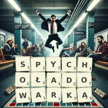 Kreatywna ilustracja do gry w Scrabble ze słowem SPYCHOŁADOWARKĄ ułożonym z płytek na planszy.