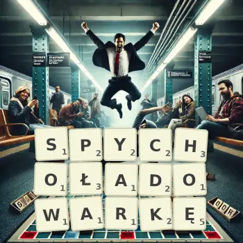 Kreatywna ilustracja do gry w Scrabble ze słowem SPYCHOŁADOWARKĘ ułożonym z płytek na planszy.