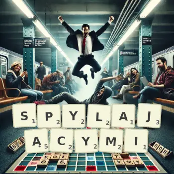 Kreatywna ilustracja do gry w Scrabble ze słowem SPYLAJĄCYMI ułożonym z płytek na planszy.