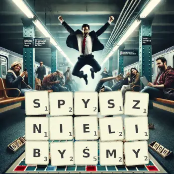 Kreatywna ilustracja do gry w Scrabble ze słowem SPYSZNIELIBYŚMY ułożonym z płytek na planszy.