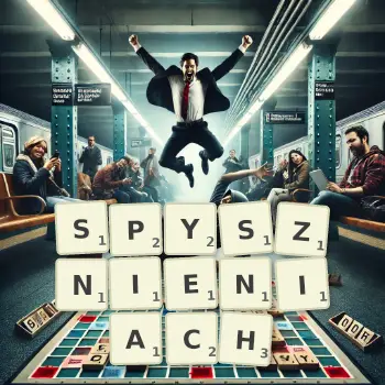 Kreatywna ilustracja do gry w Scrabble ze słowem SPYSZNIENIACH ułożonym z płytek na planszy.
