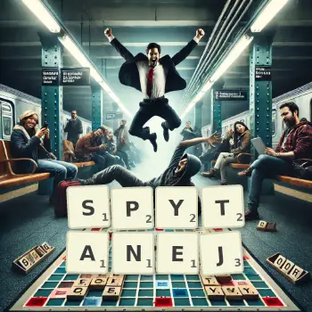 Kreatywna ilustracja do gry w Scrabble ze słowem SPYTANEJ ułożonym z płytek na planszy.