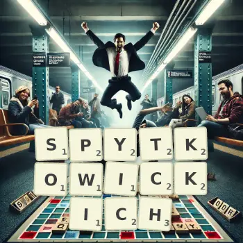 Kreatywna ilustracja do gry w Scrabble ze słowem SPYTKOWICKICH ułożonym z płytek na planszy.