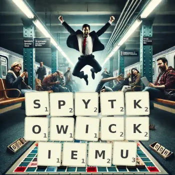 Kreatywna ilustracja do gry w Scrabble ze słowem SPYTKOWICKIEMU ułożonym z płytek na planszy.