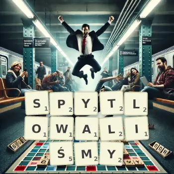 Kreatywna ilustracja do gry w Scrabble ze słowem SPYTLOWALIŚMY ułożonym z płytek na planszy.