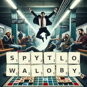 Kreatywna ilustracja do gry w Scrabble ze słowem SPYTLOWALOBY ułożonym z płytek na planszy.