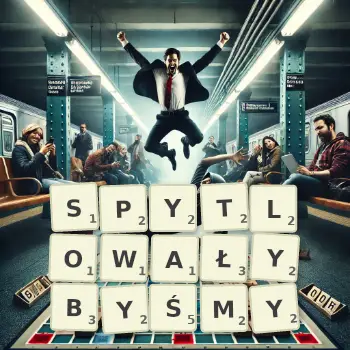 Kreatywna ilustracja do gry w Scrabble ze słowem SPYTLOWAŁYBYŚMY ułożonym z płytek na planszy.
