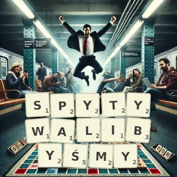 Kreatywna ilustracja do gry w Scrabble ze słowem SPYTYWALIBYŚMY ułożonym z płytek na planszy.