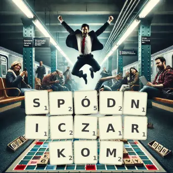 Kreatywna ilustracja do gry w Scrabble ze słowem SPÓDNICZARKOM ułożonym z płytek na planszy.