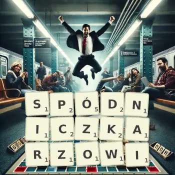 Kreatywna ilustracja do gry w Scrabble ze słowem SPÓDNICZKARZOWI ułożonym z płytek na planszy.