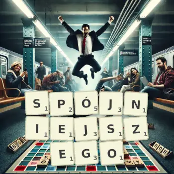 Kreatywna ilustracja do gry w Scrabble ze słowem SPÓJNIEJSZEGO ułożonym z płytek na planszy.