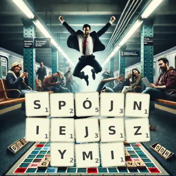 Kreatywna ilustracja do gry w Scrabble ze słowem SPÓJNIEJSZYMI ułożonym z płytek na planszy.