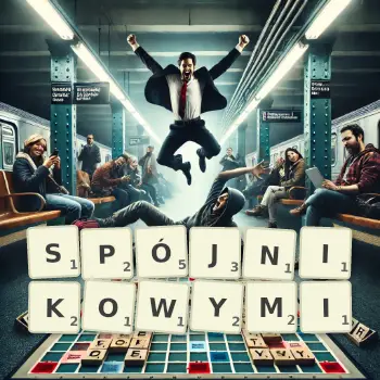 Kreatywna ilustracja do gry w Scrabble ze słowem SPÓJNIKOWYMI ułożonym z płytek na planszy.
