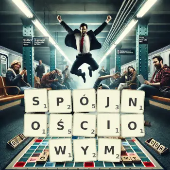 Kreatywna ilustracja do gry w Scrabble ze słowem SPÓJNOŚCIOWYM ułożonym z płytek na planszy.