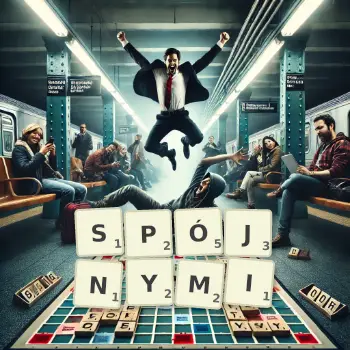 Kreatywna ilustracja do gry w Scrabble ze słowem SPÓJNYMI ułożonym z płytek na planszy.
