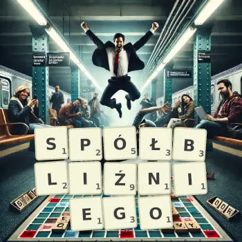 Kreatywna ilustracja do gry w Scrabble ze słowem SPÓŁBLIŹNIEGO ułożonym z płytek na planszy.