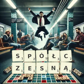 Kreatywna ilustracja do gry w Scrabble ze słowem SPÓŁCZESNĄ ułożonym z płytek na planszy.