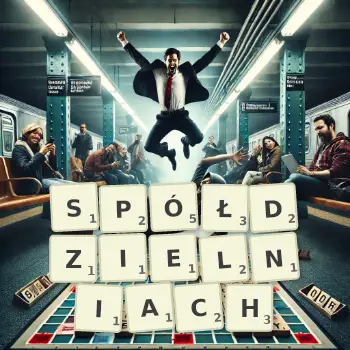 Kreatywna ilustracja do gry w Scrabble ze słowem SPÓŁDZIELNIACH ułożonym z płytek na planszy.