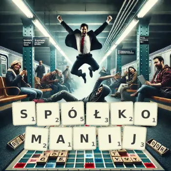 Kreatywna ilustracja do gry w Scrabble ze słowem SPÓŁKOMANIJ ułożonym z płytek na planszy.