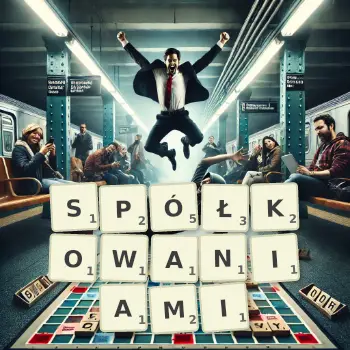 Kreatywna ilustracja do gry w Scrabble ze słowem SPÓŁKOWANIAMI ułożonym z płytek na planszy.