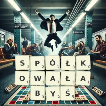 Kreatywna ilustracja do gry w Scrabble ze słowem SPÓŁKOWAŁABYŚ ułożonym z płytek na planszy.