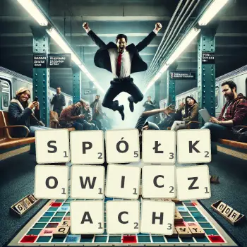 Kreatywna ilustracja do gry w Scrabble ze słowem SPÓŁKOWICZACH ułożonym z płytek na planszy.