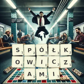 Kreatywna ilustracja do gry w Scrabble ze słowem SPÓŁKOWICZAMI ułożonym z płytek na planszy.