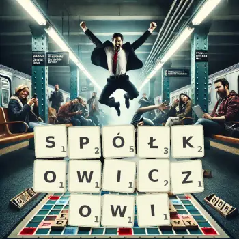 Kreatywna ilustracja do gry w Scrabble ze słowem SPÓŁKOWICZOWI ułożonym z płytek na planszy.