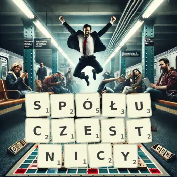 Kreatywna ilustracja do gry w Scrabble ze słowem SPÓŁUCZESTNICY ułożonym z płytek na planszy.