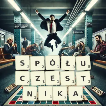 Kreatywna ilustracja do gry w Scrabble ze słowem SPÓŁUCZESTNIKA ułożonym z płytek na planszy.