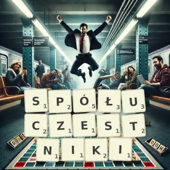 Kreatywna ilustracja do gry w Scrabble ze słowem SPÓŁUCZESTNIKI ułożonym z płytek na planszy.