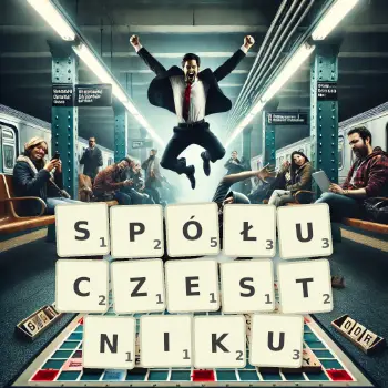Kreatywna ilustracja do gry w Scrabble ze słowem SPÓŁUCZESTNIKU ułożonym z płytek na planszy.