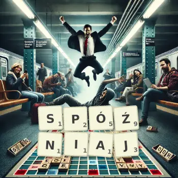 Kreatywna ilustracja do gry w Scrabble ze słowem SPÓŹNIAJ ułożonym z płytek na planszy.