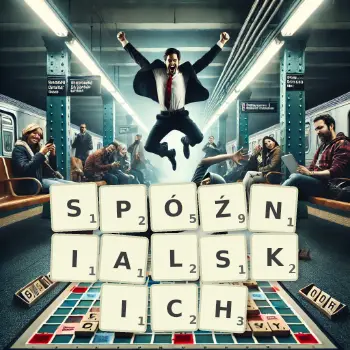 Kreatywna ilustracja do gry w Scrabble ze słowem SPÓŹNIALSKICH ułożonym z płytek na planszy.