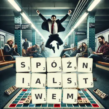 Kreatywna ilustracja do gry w Scrabble ze słowem SPÓŹNIALSTWEM ułożonym z płytek na planszy.