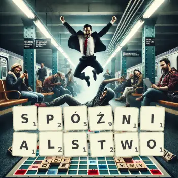 Kreatywna ilustracja do gry w Scrabble ze słowem SPÓŹNIALSTWO ułożonym z płytek na planszy.