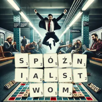 Kreatywna ilustracja do gry w Scrabble ze słowem SPÓŹNIALSTWOM ułożonym z płytek na planszy.
