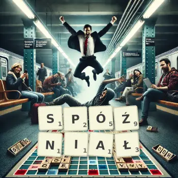 Kreatywna ilustracja do gry w Scrabble ze słowem SPÓŹNIAŁ ułożonym z płytek na planszy.