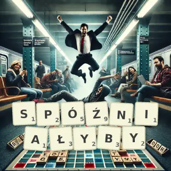 Kreatywna ilustracja do gry w Scrabble ze słowem SPÓŹNIAŁYBY ułożonym z płytek na planszy.