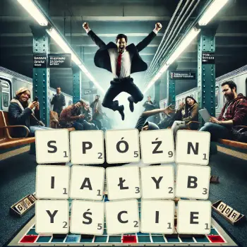 Kreatywna ilustracja do gry w Scrabble ze słowem SPÓŹNIAŁYBYŚCIE ułożonym z płytek na planszy.
